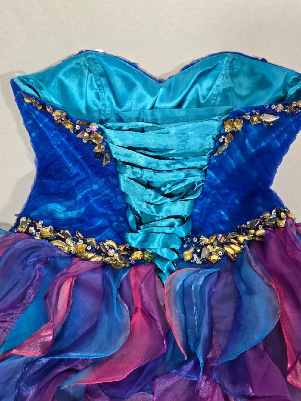Y2K Vintage PRECIOUS FORMALS Blue-Ombre Strapless Ruffles Mini DRESS Size 8-12. - Picture 9 of 17